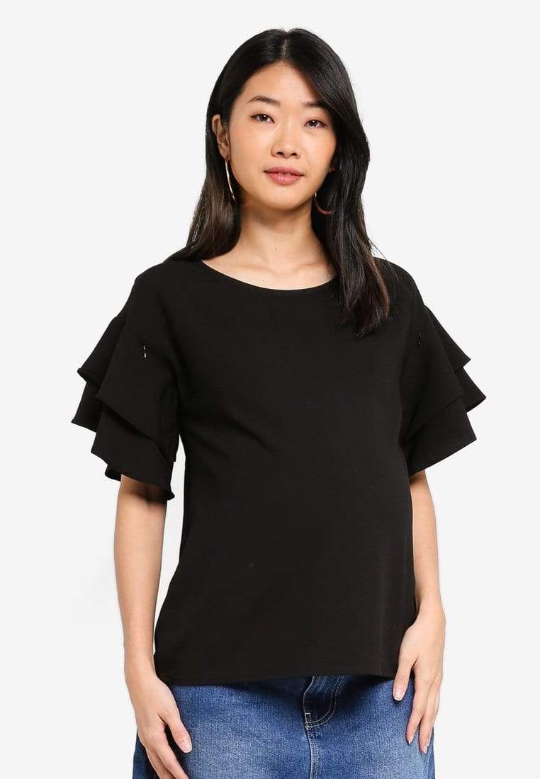 Tier Flounce Sleeves Cicilia Nursing Top Black Maternity Tops Maternity Wear Tops Spring Maternity