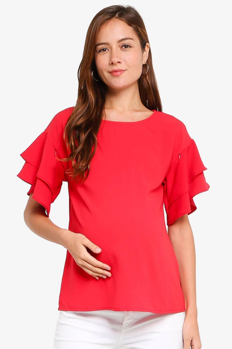 Tier Flounce Sleeves Cicilia Nursing Top Red Maternity Tops Maternity Wear Tops Spring Maternity