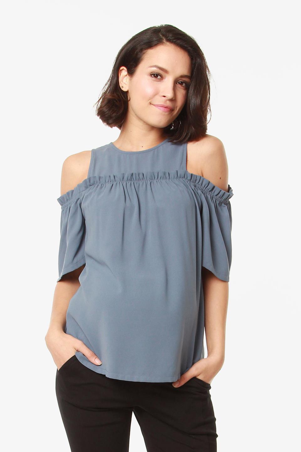 Off Shoulder Flounce Sleeves Nursing Top Cherice Charcoal Maternity Tops Maternity Wear Tops Spring Maternity