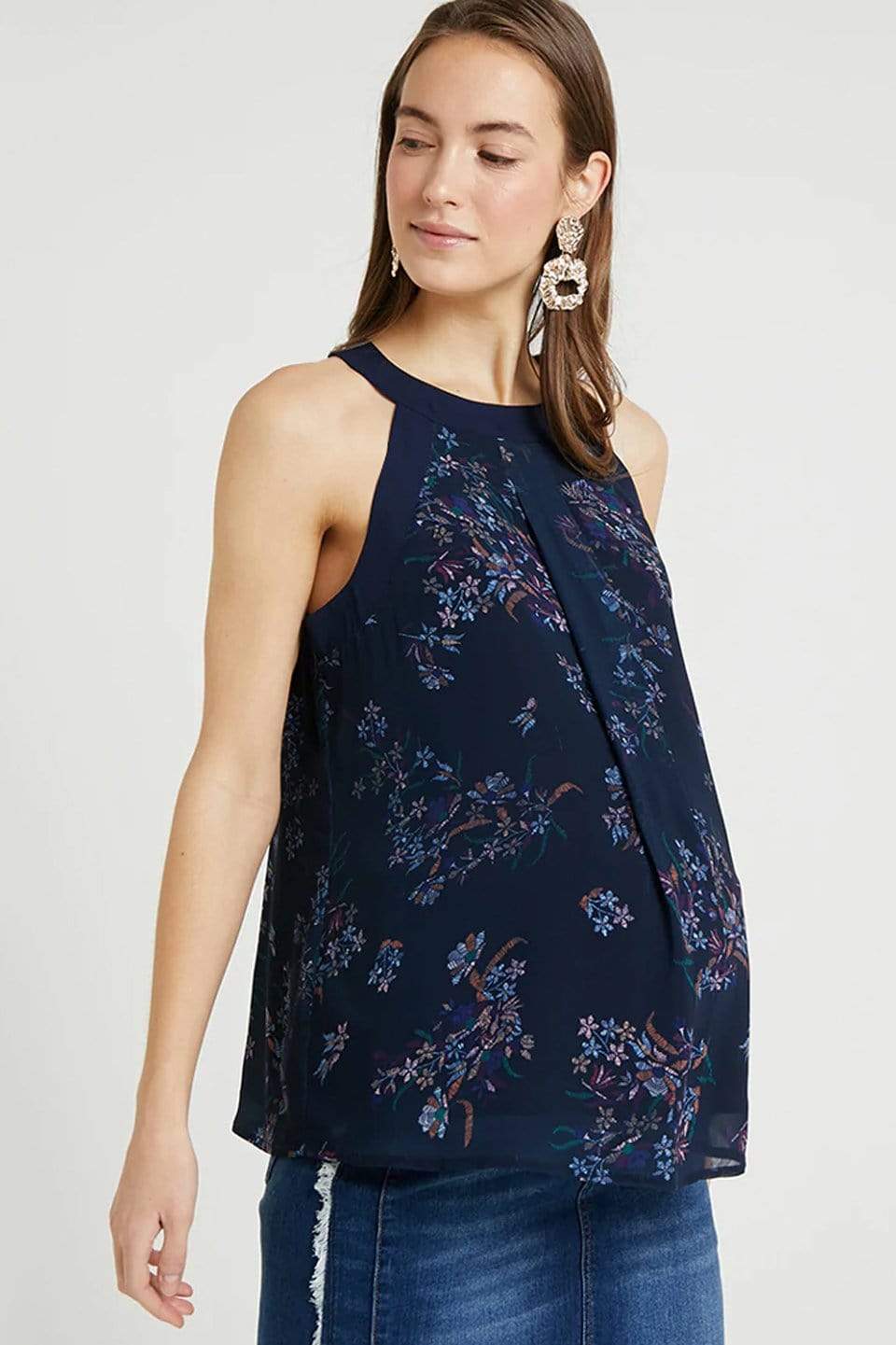 Carden Halter Navy Floral Sleeveless Nursing Top Nursing Tops Spring Maternity Maternity Wear Tops