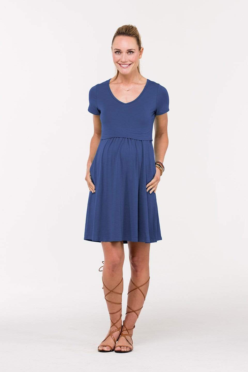 Spring Maternity's Betsy V-Neck Short Sleeve Nursing Dress Navy Dresses