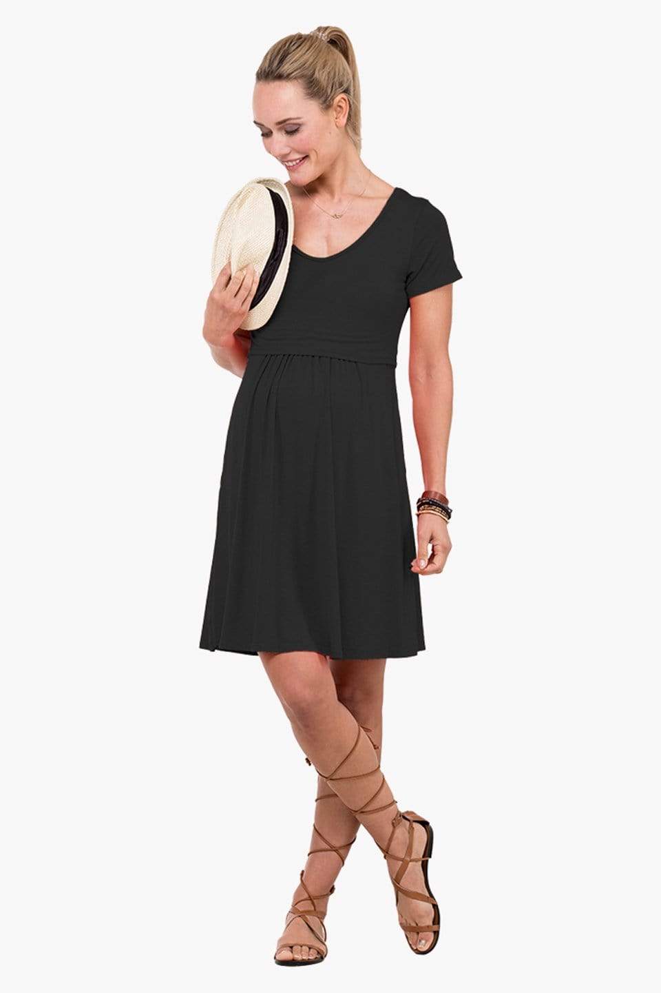 Spring Maternity's Betsy V-Neck Short Sleeve Nursing Dress Black Dresses