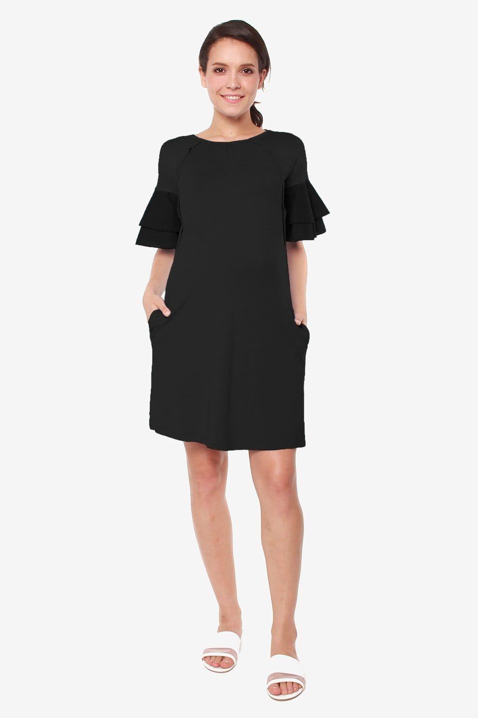 Spring Maternity's Flounce Sleeves Calissa Bamboo Cotton Nursing Dress Black Dresses