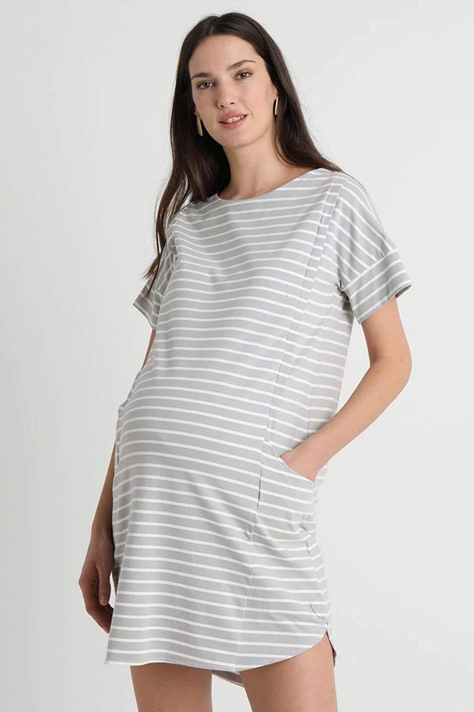 Spring Maternity's Batwing Sleeves Cambrie Nursing Dress Grey Stripes Dresses