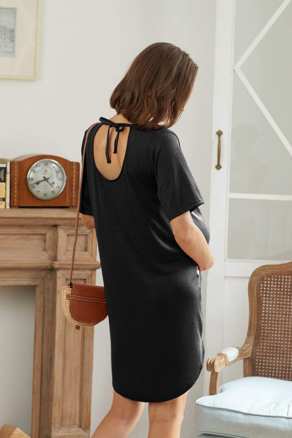 Spring Maternity's Destinee Short Sleeve Nursing Dress Black Dresses