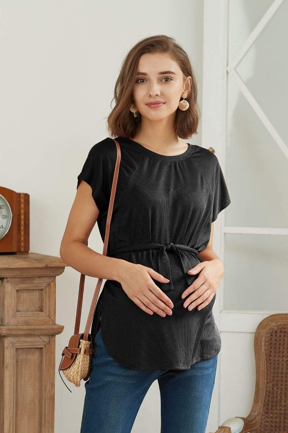 Derika Short Sleeve Nursing Top Black Maternity Tops Maternity Wear Tops Spring Maternity