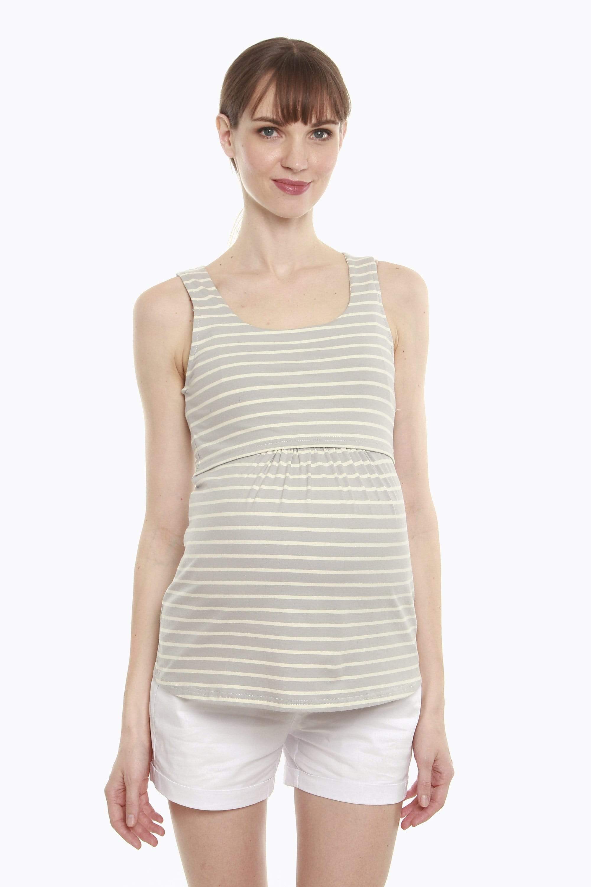 Alicia Baby Doll Nursing Top Grey Stripe Nursing Top Maternity Wear