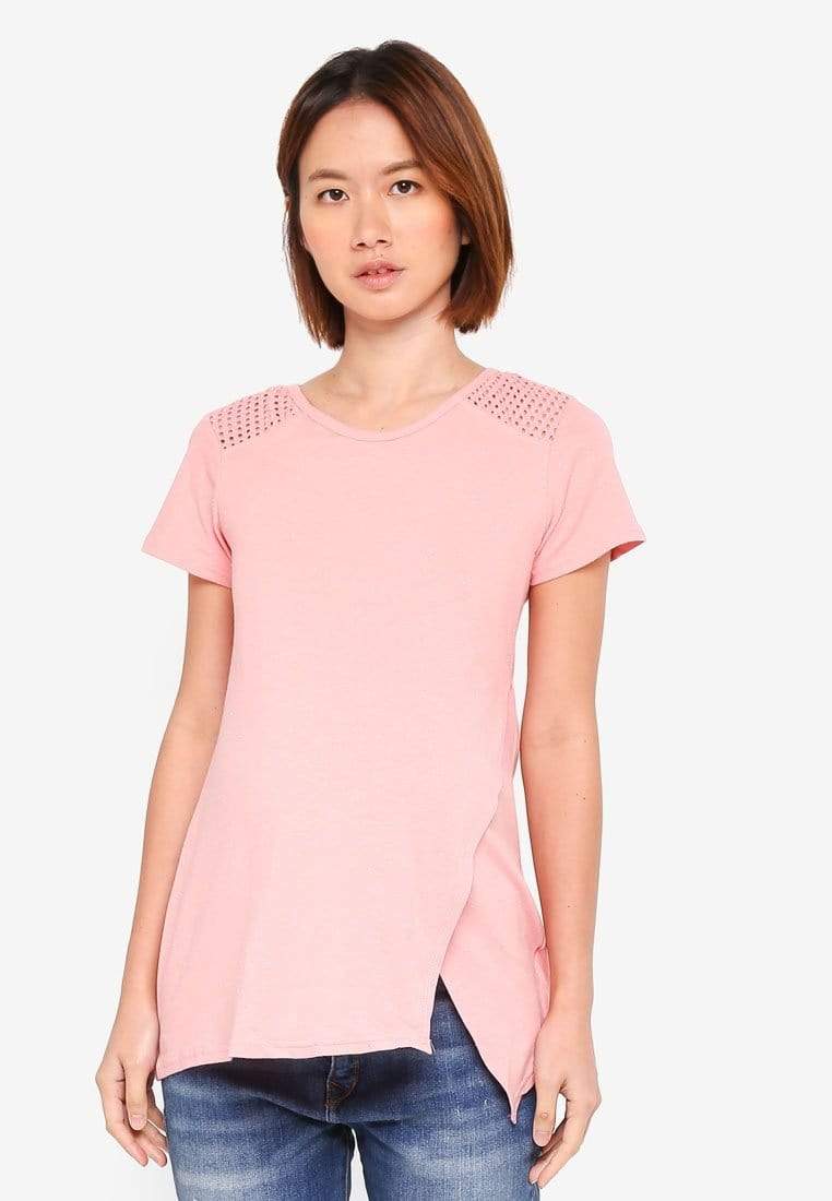 Cella Short Sleeved Overlap Tee Coral Blush Nursing Tops Spring Maternity Maternity Wear Tops