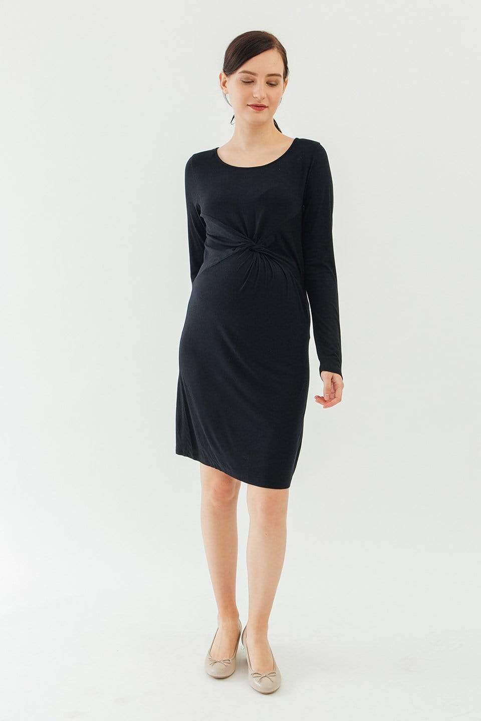 Spring Maternity's Long Sleeves Beatrisa Twisted Maternity Dress Black Dresses