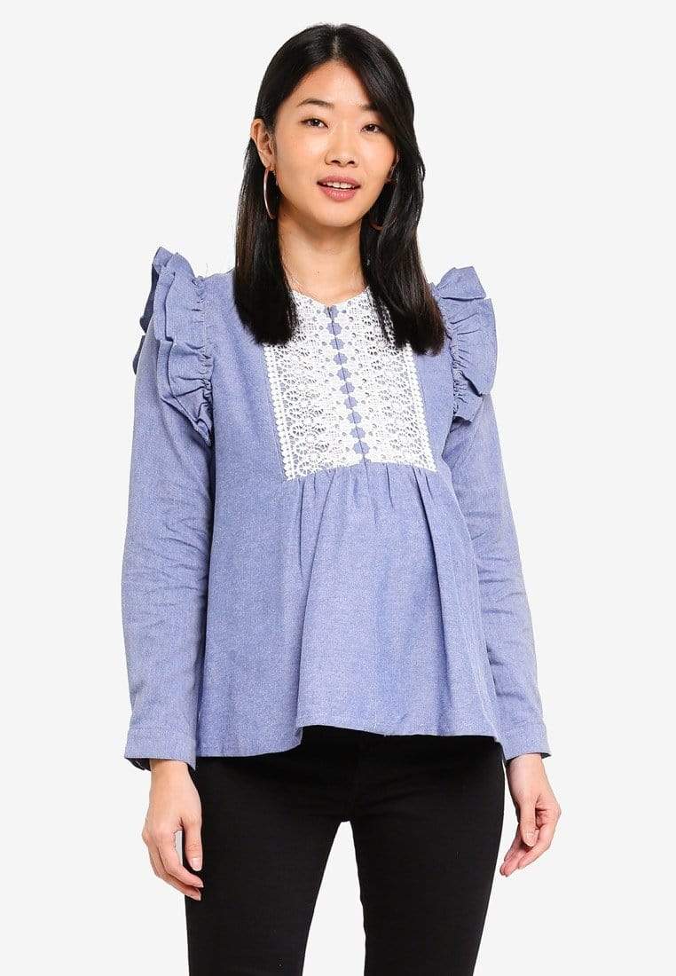 Bove Ruffles Long Sleeves Daryl Nursing Top Blue Nursing Tops BOVE Maternity Wear Tops