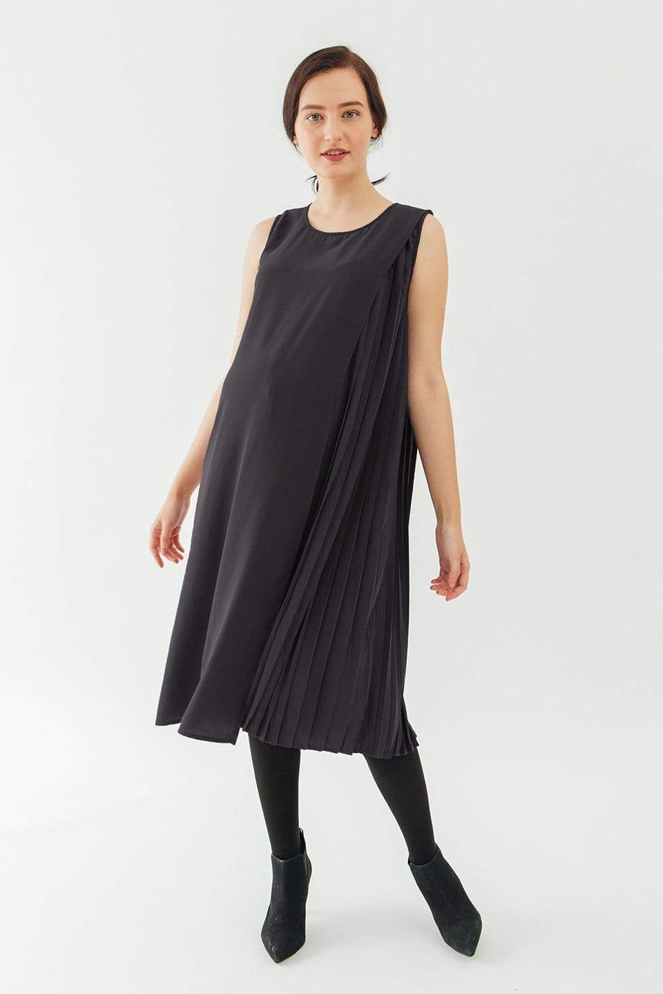 BOVE's Sleeveless Brenda Side Pleats Nursing Dress Dark Grey Dresses