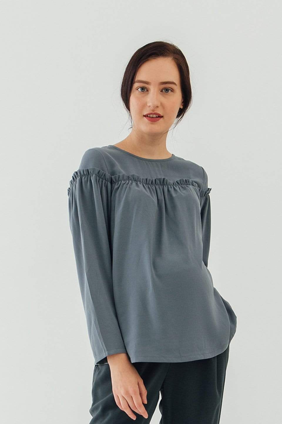 Flounce Long Sleeves Cherice Top Charcoal Maternity Tops Maternity Wear Tops Spring Maternity