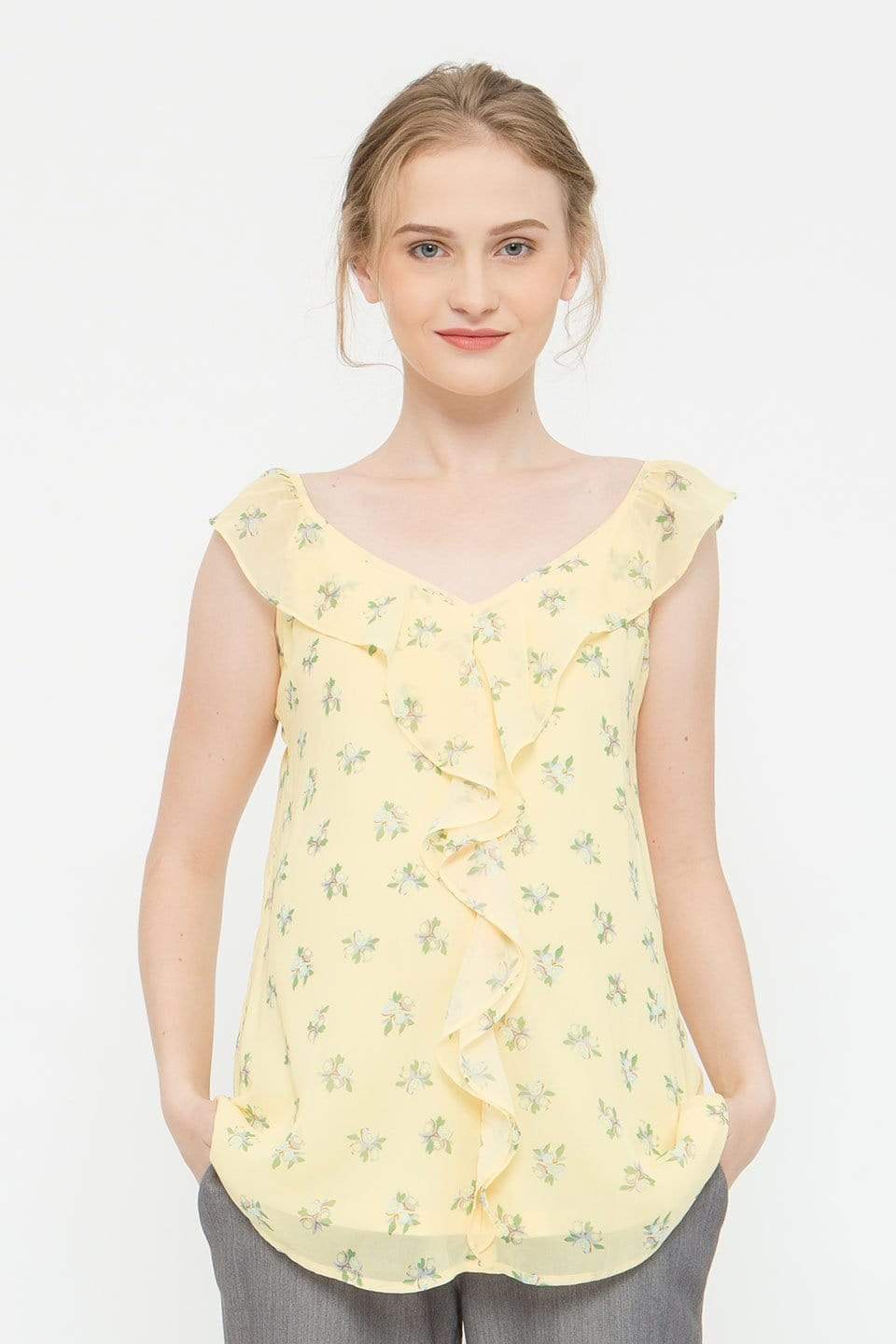 Sleeveless Ruffles Yvette Nursing Top Yellow Prints Maternity Tops Maternity Wear Tops Spring Maternity
