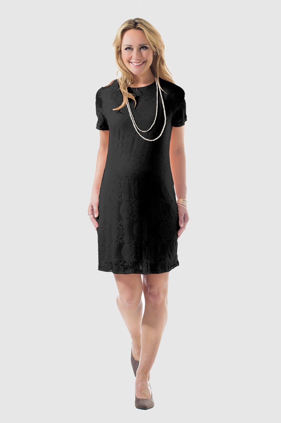 Spring Maternity's Catriona Full Lace Short Sleeve Nursing Dress Black Dresses