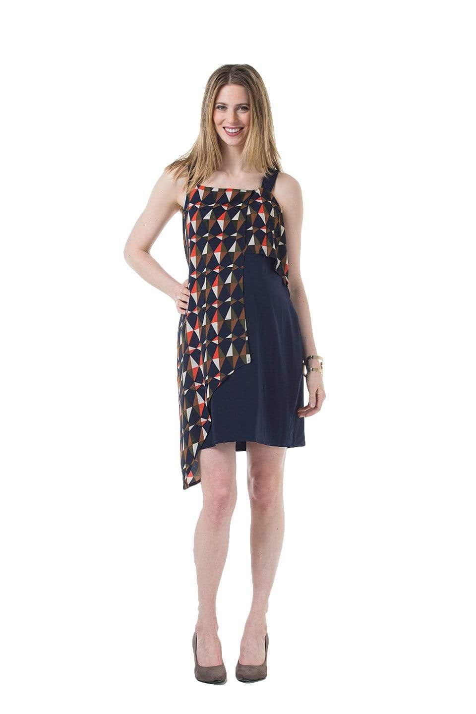 BOVE's Claudie Sleeveless Overlap Strap Nursing Dress Navy Print Dresses