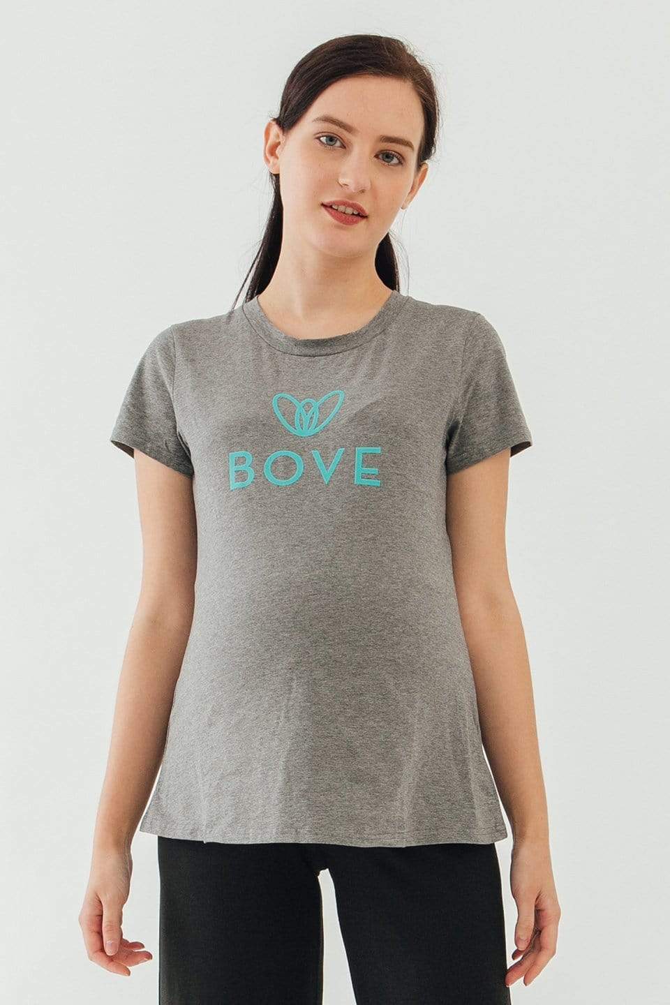 Knitted Short Sleeve Chela Round Neck Mozzie Maternity Top Charcoal Maternity Tops Maternity Wear Tops BOVE