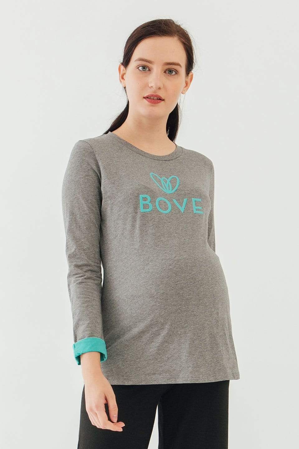Long Sleeve Chiara Round Neck Mozzie Maternity Top Charcoal Maternity Tops Maternity Wear Tops BOVE
