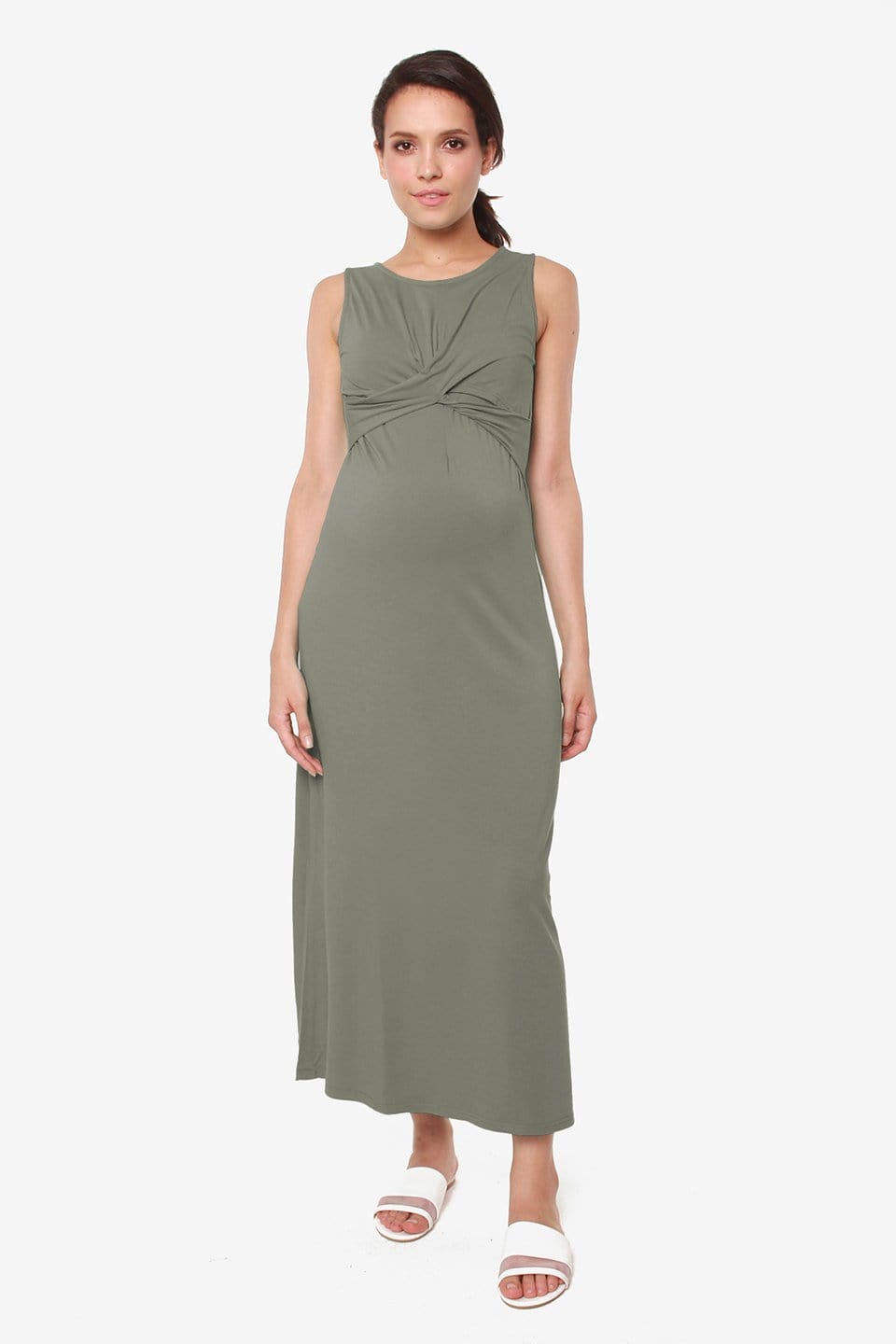 Spring Maternity's Chiyo Nursing Sleeveless Nursing Dress Olive Green Dresses