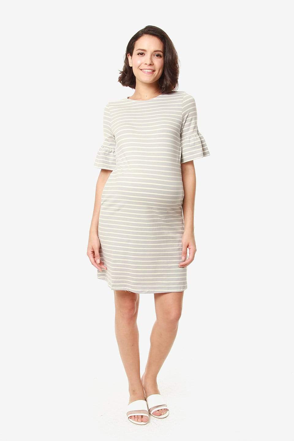 Spring Maternity's Flounce Sleeves Camile Grey Stripe Nursing Dress Dresses