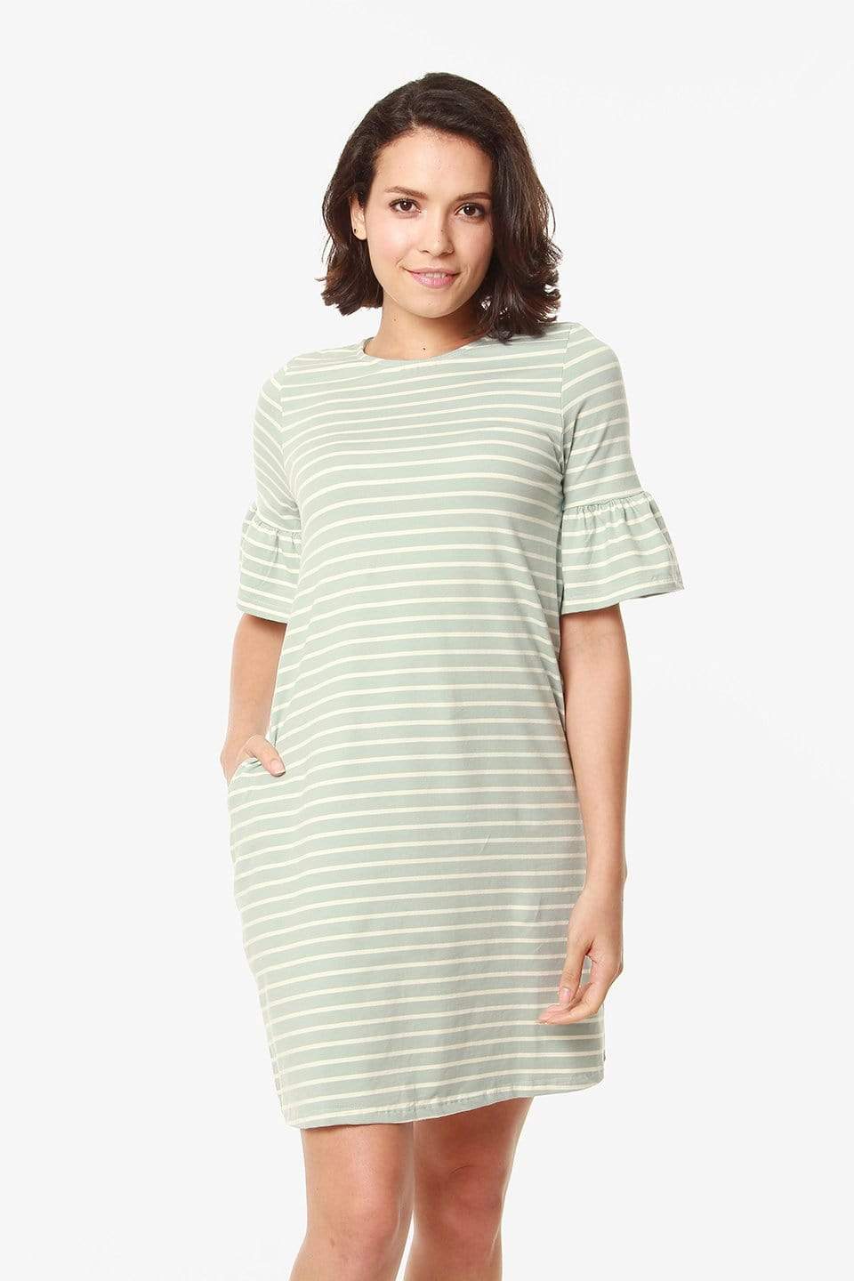 Spring Maternity's Flounce Sleeves Camile Mint Stripe Nursing Dress Dresses