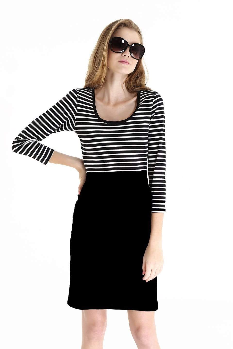 Knitted 3/4 Sleeve Angelina Nursing Dress Black Stripes Maternity Tops Maternity Wear Tops Spring Maternity