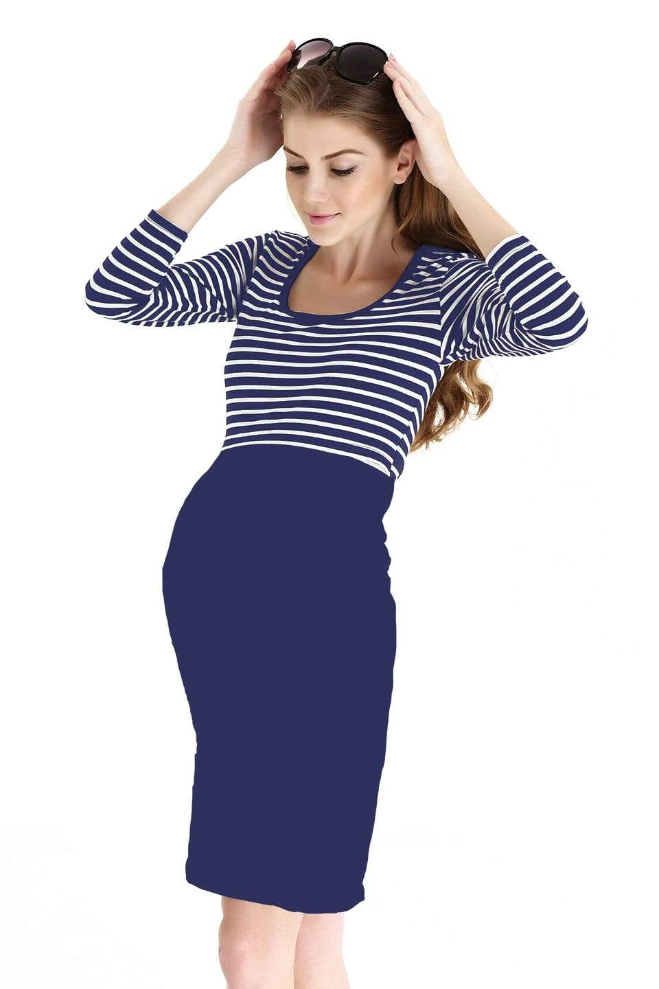 Knitted 3/4 Sleeve Angelina Nursing Dress Navy Stripes Maternity Tops Maternity Wear Tops Spring Maternity