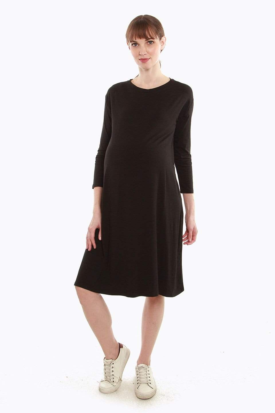 Spring Maternity's Dany Long Sleeve Bamboo Cotton Nursing Dress Black Dresses