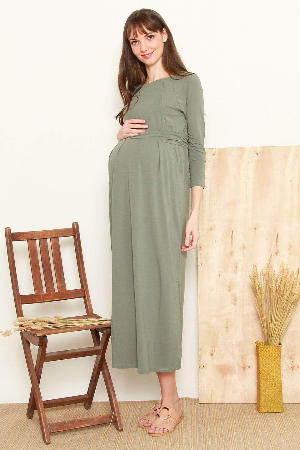 Spring Maternity's Daphne Long Sleeve Bamboo Cotton Nursing Dress Olive Green Dresses