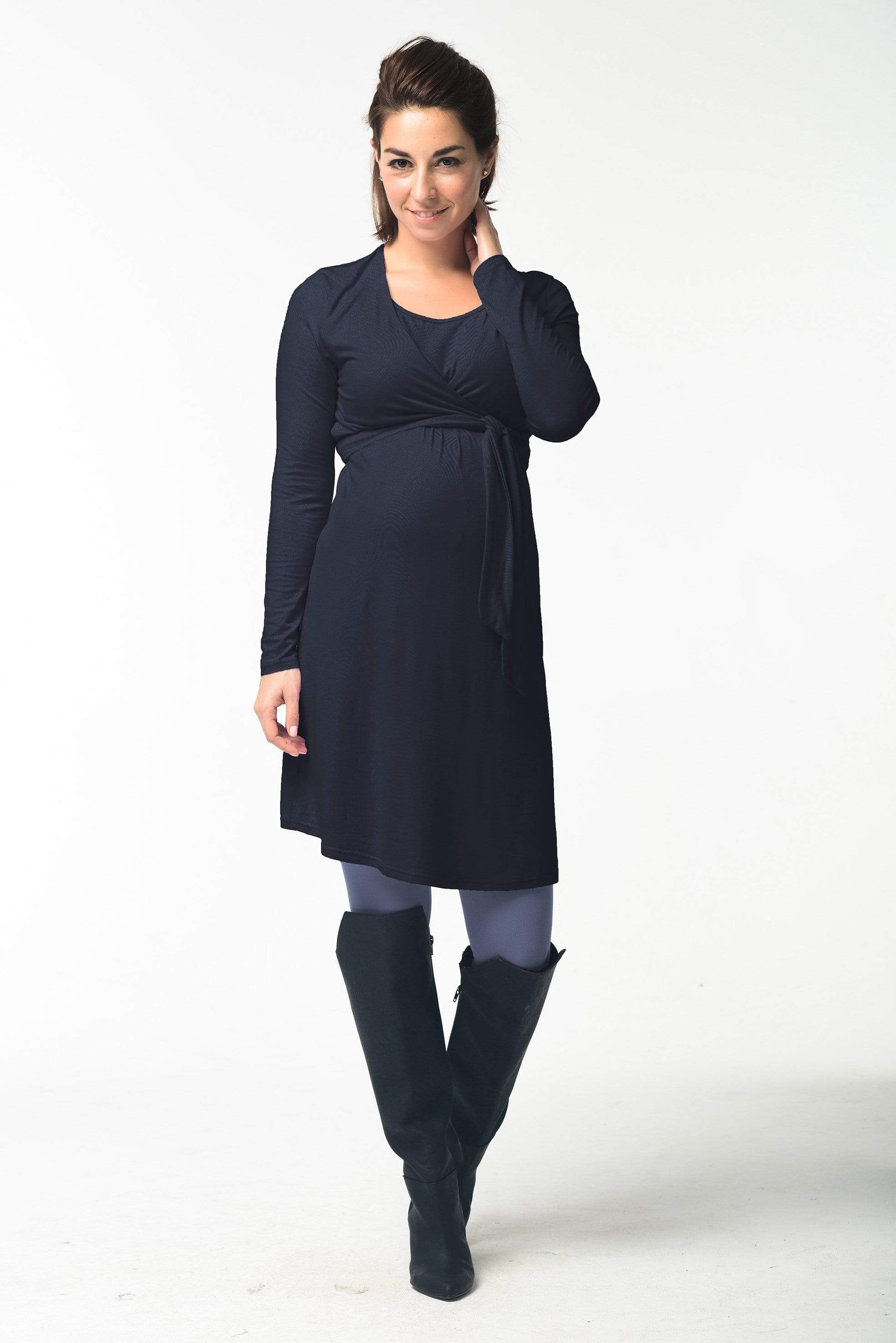 Spring Maternity's Virginia Tie Up Long Sleeve Bamboo Cotton Nursing Dress Charcoal Dresses