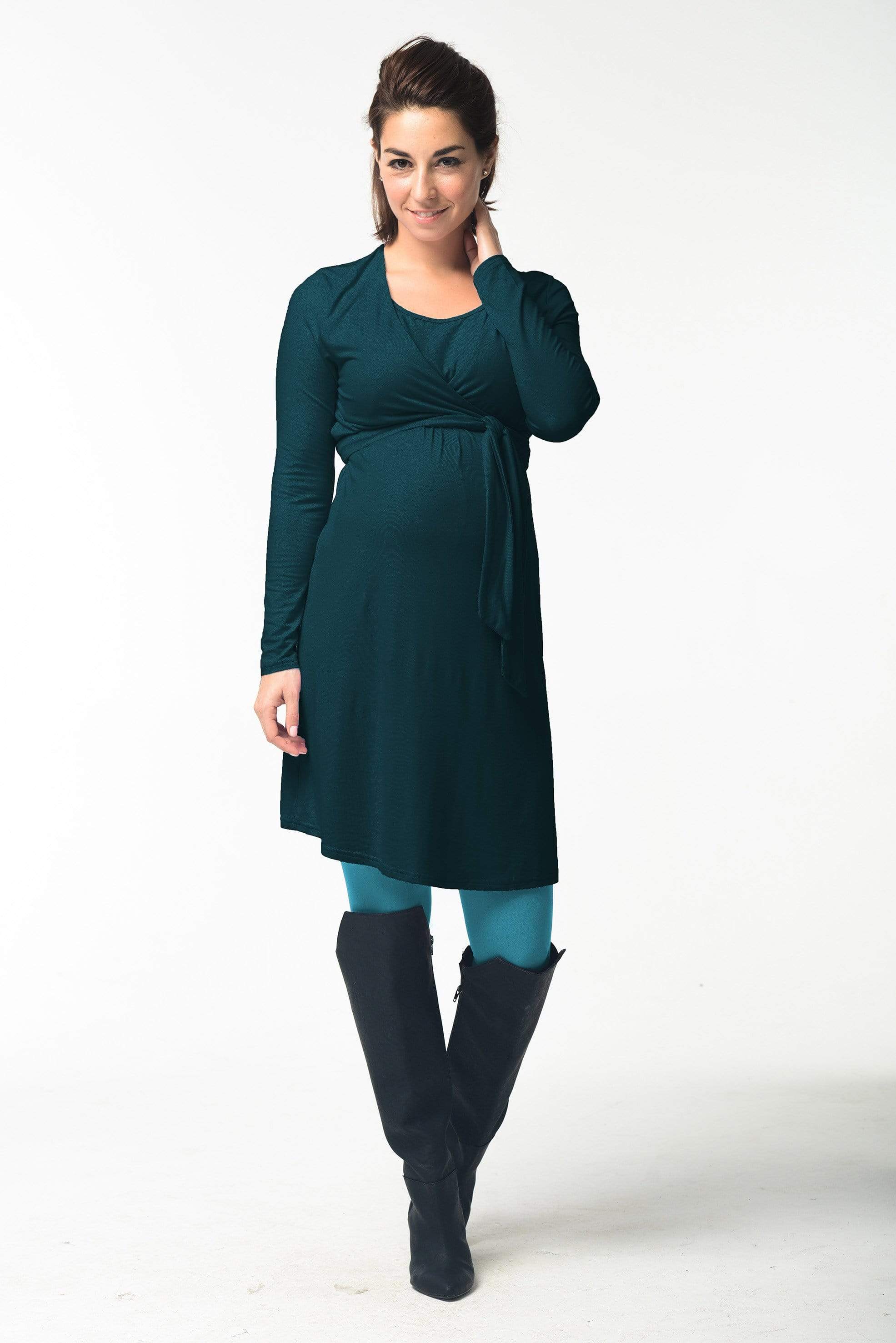 Spring Maternity's Virginia Tie Up Long Sleeve Bamboo Cotton Nursing Dress Teal Dresses