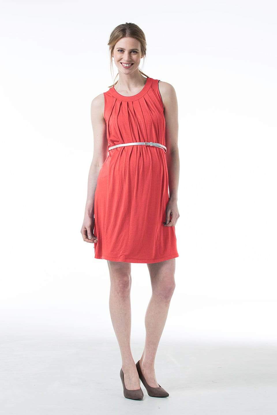 Spring Maternity's Live Pleat Bamboo Cotton Sleeveless Nursing Dress Coral Dresses