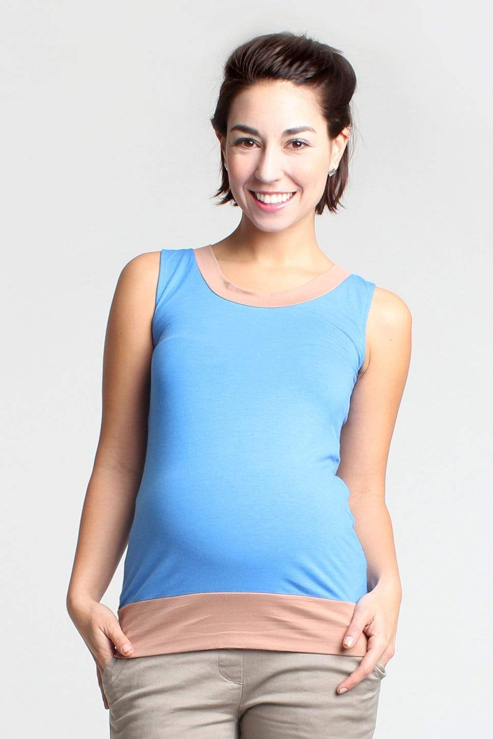 Casey Sleeveless Contrast Bamboo Maternity Top Blue Nursing Tops Spring Maternity Maternity Wear Tops
