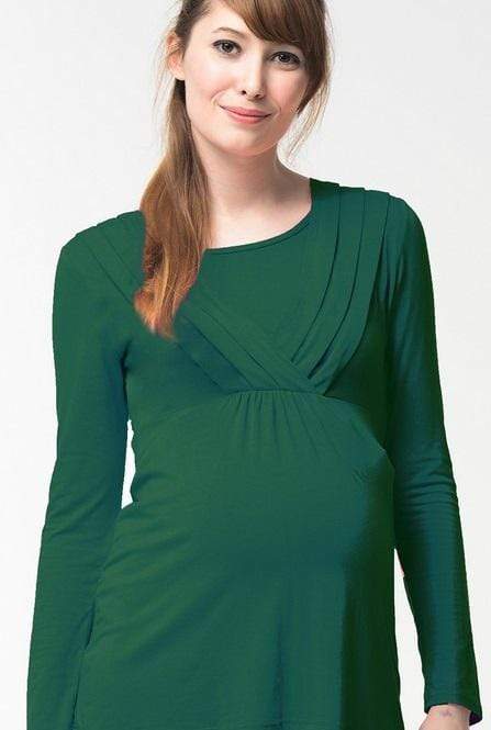 Valda V-Neck Pleat Bamboo Cotton Long Sleeve Nursing Top Emerald Maternity Tops Maternity Wear Tops Spring Maternity