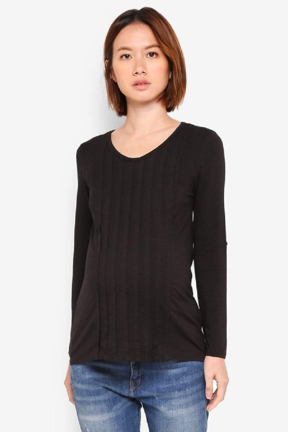 Long Sleeved Venus Pleats Row Nursing Top Black Maternity Tops Maternity Wear Tops Spring Maternity