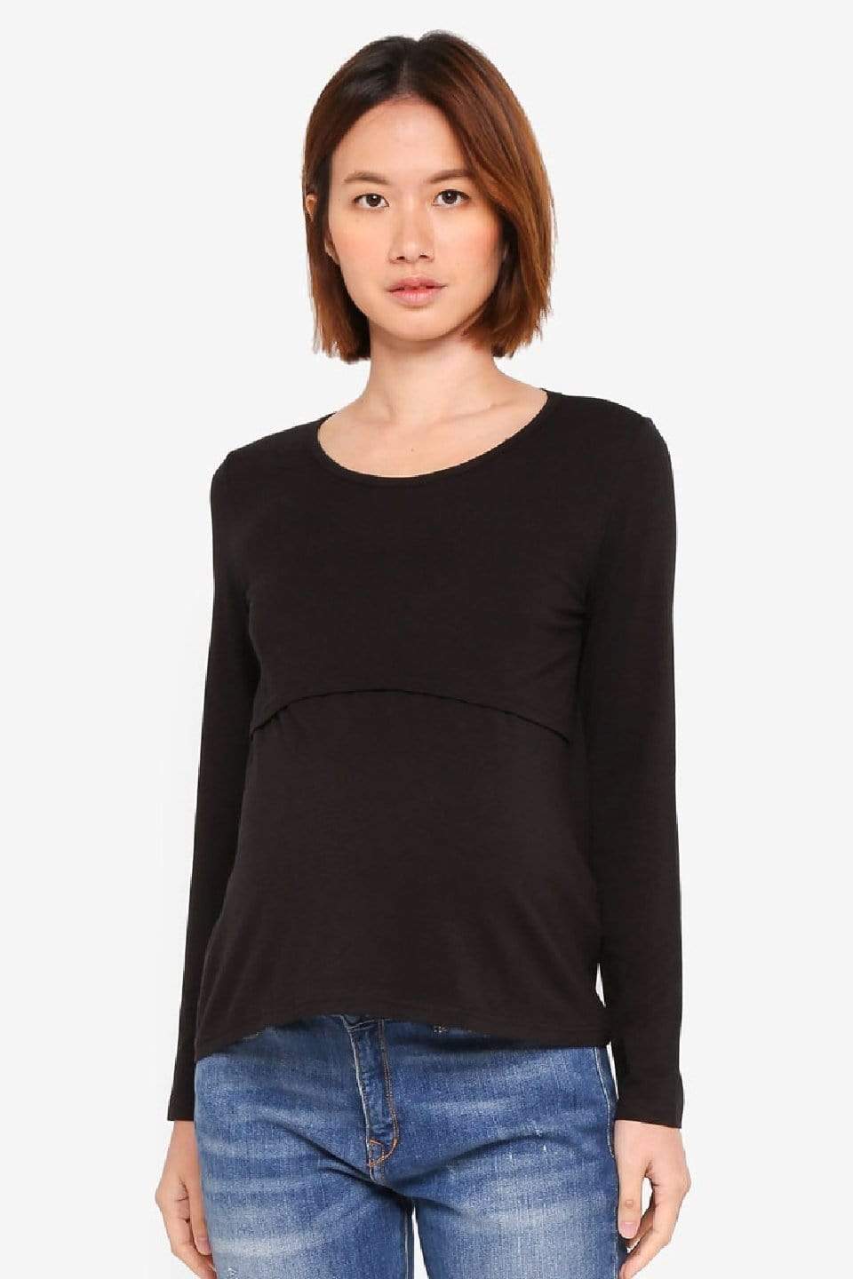 Belva Long Sleeved Round Neck Tee Black Nursing Top Maternity Wear
