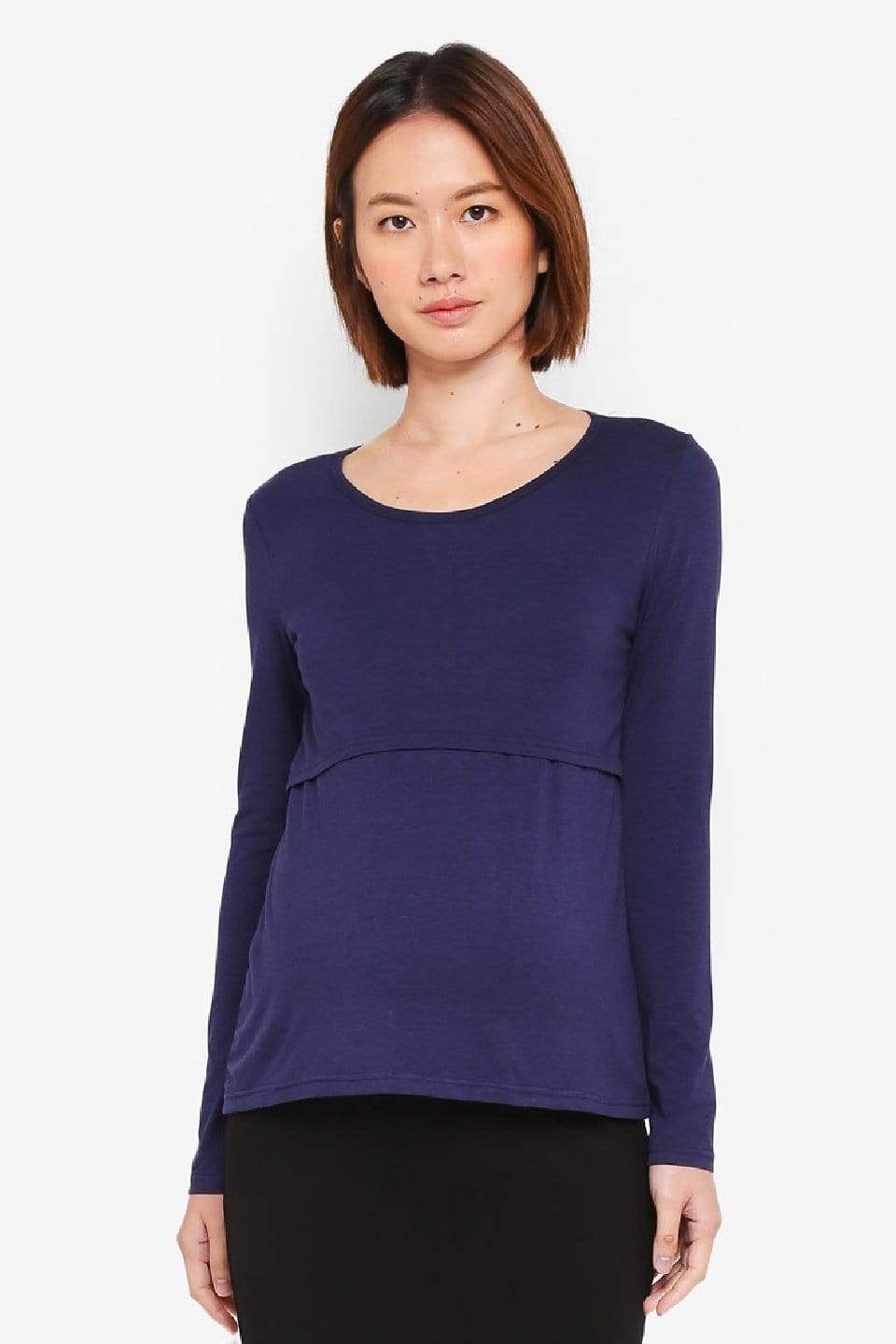 Belva Long Sleeved Round Neck Tee Navy Nursing Top Maternity Wear