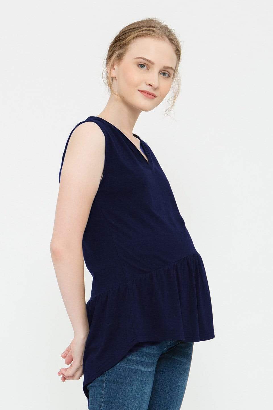 Caly Ruffled Hem Nursing Top Navy Nursing Tops Spring Maternity Maternity Wear Tops