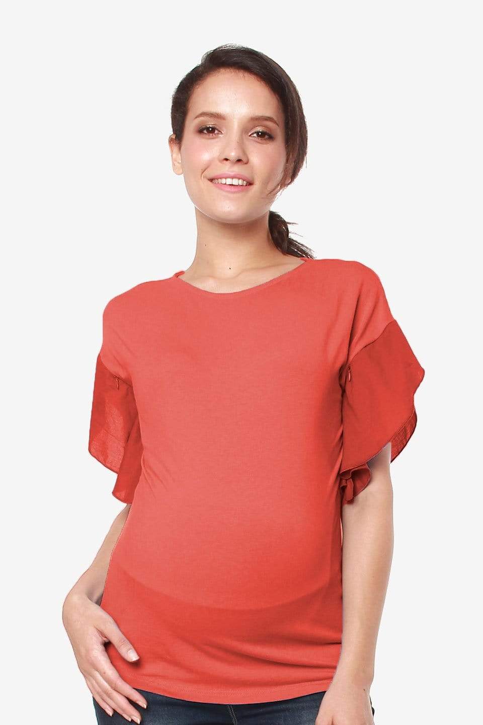 Flutter Sleeves Caela Nursing Top Dark Coral Maternity Tops Maternity Wear Tops Spring Maternity