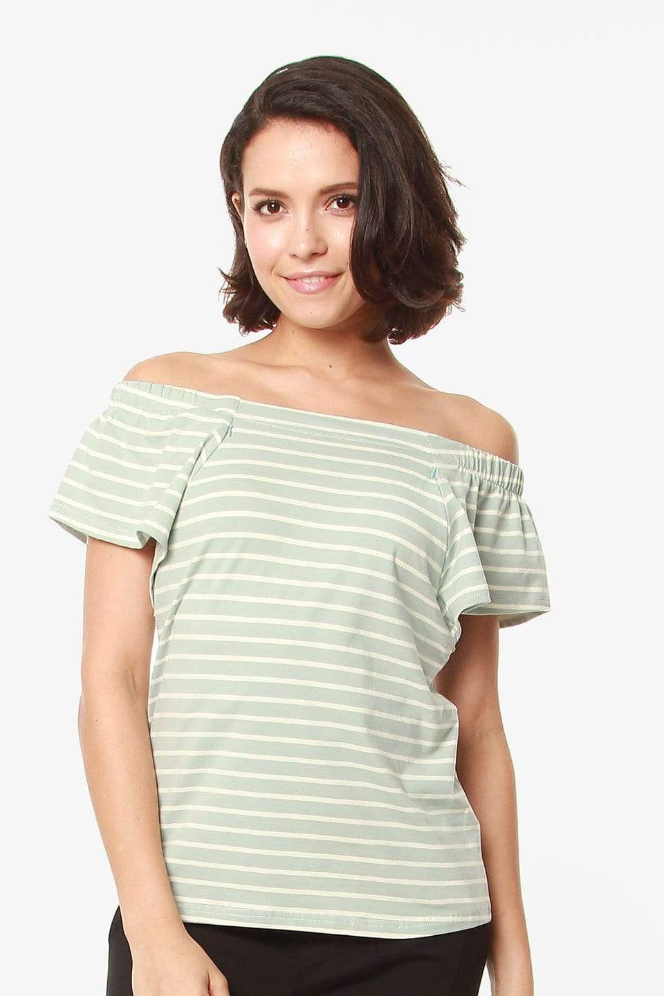 Flutter Sleeves Callie Square Neck Mint Stripes Nursing Top Maternity Tops Maternity Wear Tops Spring Maternity