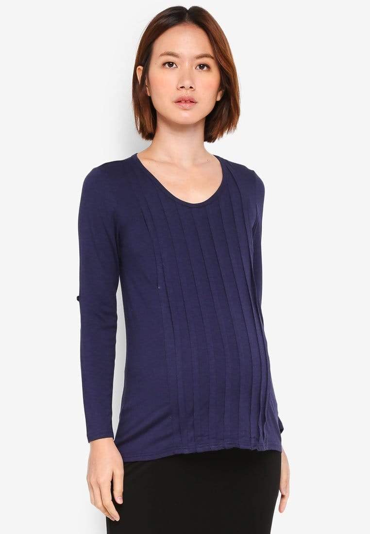 Long Sleeved Bamboo Cotton Venus Pleats Row Nursing Top Navy Maternity Tops Maternity Wear Tops Spring Maternity
